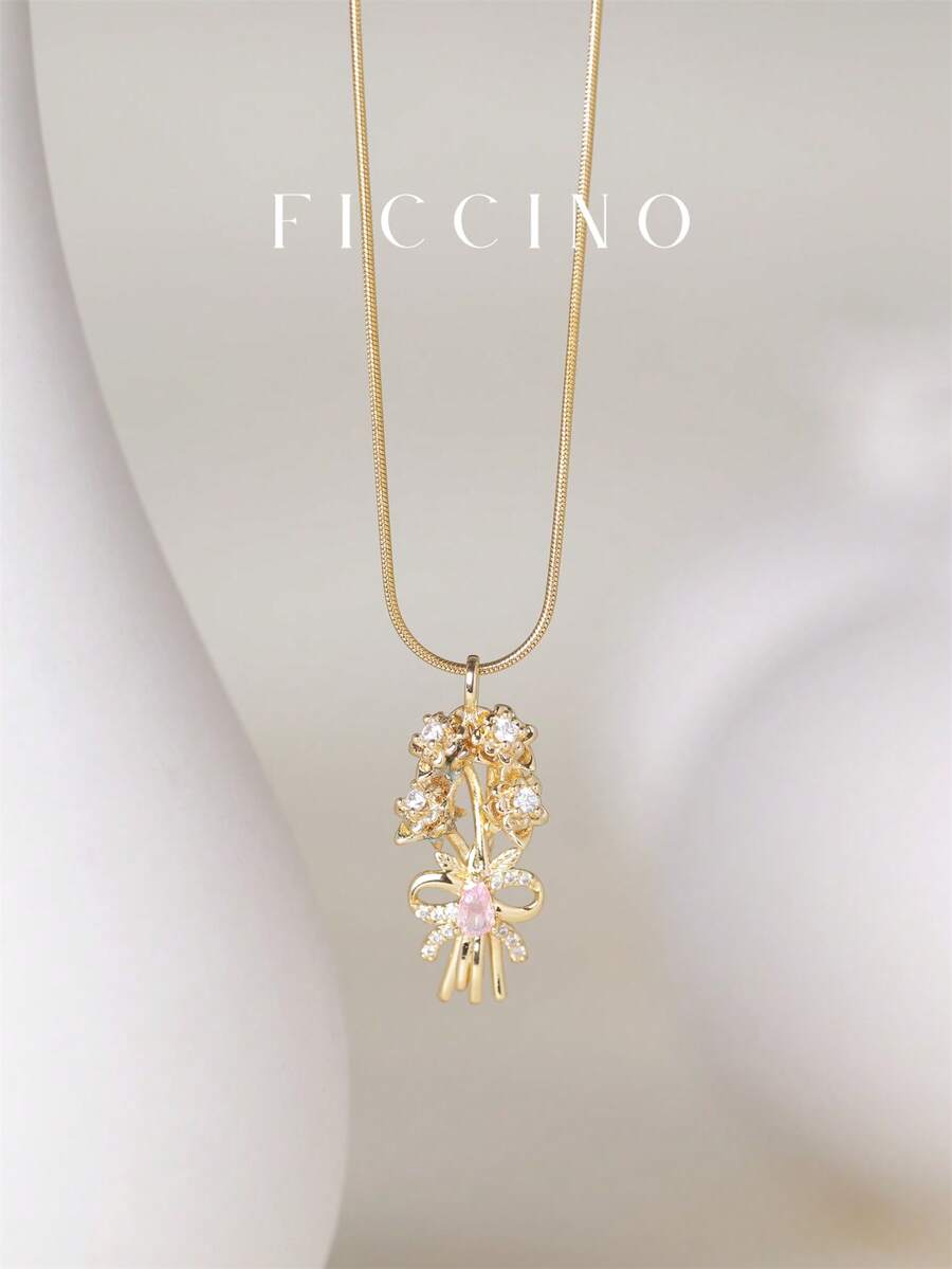 Ficcino Gold-Plated Cubic Zirconia Floral Pendant Necklace With Snake Chain For Women, Versatile, Occasions, Gift Packing Included - 349n - View 1