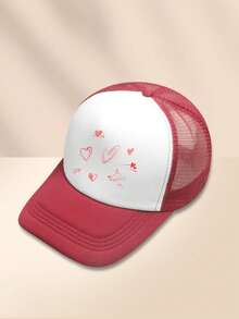 男女通用520情人節小愛心組合可調印花棒球網帽1件。透氣網狀帽子,適合四季戶外休閒穿著 - 酒紅白色 - 查看 2