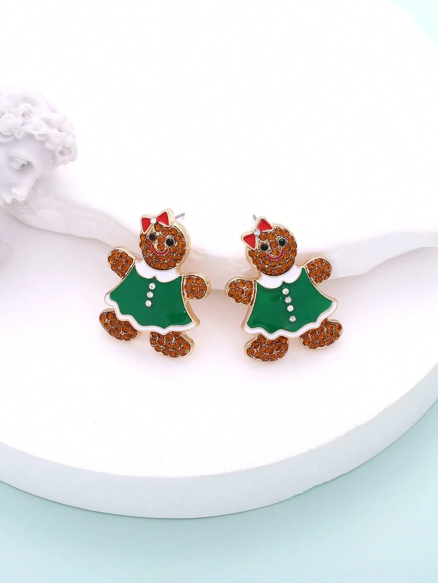 1對可愛的鋅合金搪瓷與鑽石裝飾聖誕節和新年薑餅人和蝴蝶結卡通耳釘女式節慶珠寶 - 彩色的 - 查看 1