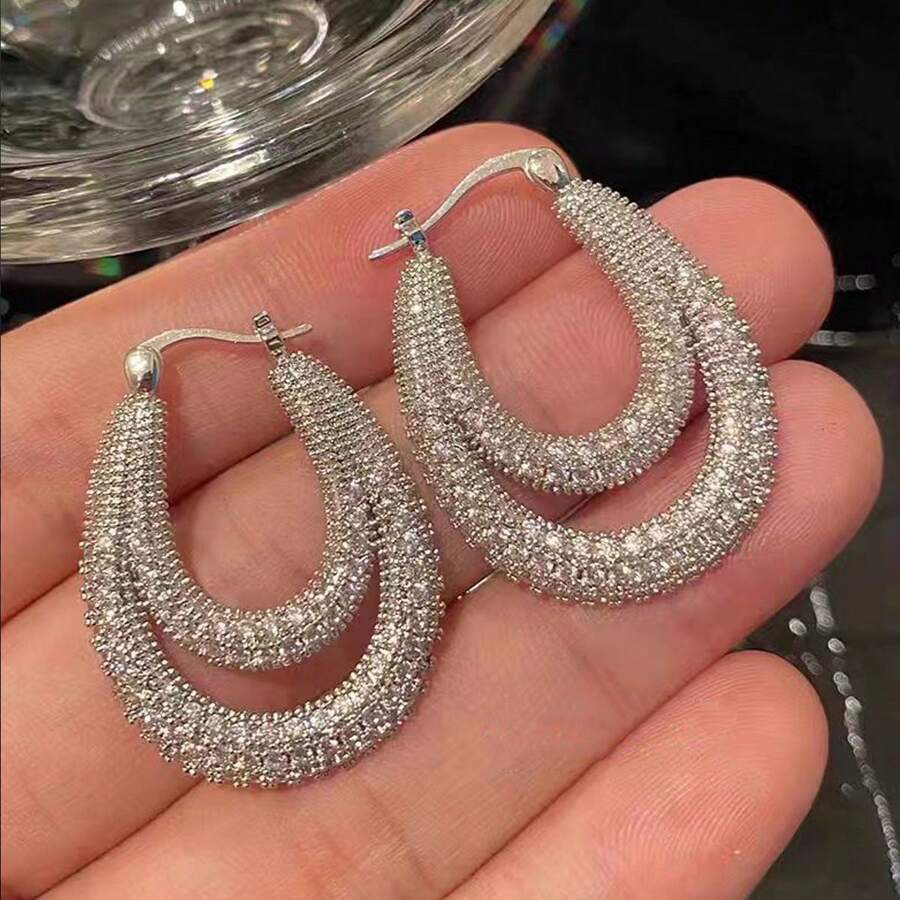 1對時尚華麗白金鍍u形耳環,配鑲鑽飾品,適用於女性日常使用 - 水滴耳扣銀色 - 查看 1