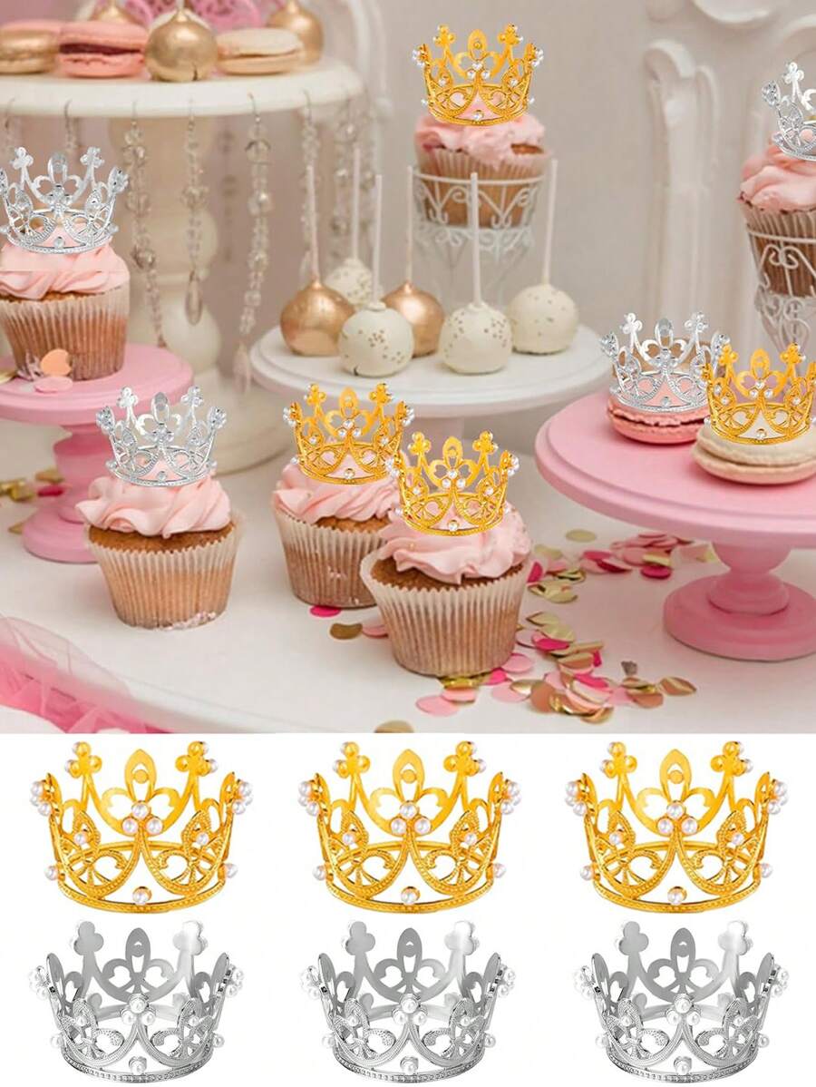 6pcs Miniature Crown Decorations For Birthday Cake, Pearl Crown - 3pcs Gold+3pcs Silver - View 1