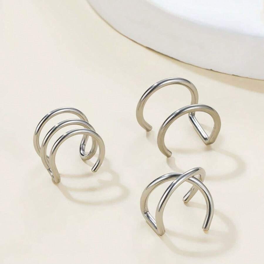 3 Cái/bộ Nhẫn Kẹp Môi Không Xỏ Khuyên, Trang Sức Nữ Bằng Thép Không Gỉ Đơn Giản - Bạc - Xem 1