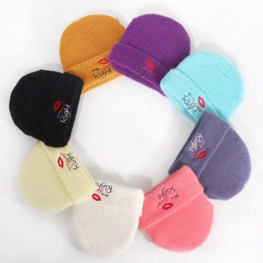 全尺寸適用,女士紅唇刺繡加厚保暖毛絨針織帽,模擬貂毛,糖果色,男女適用的休閒時尚帽,冬季必備 - 彩色 - 查看 1