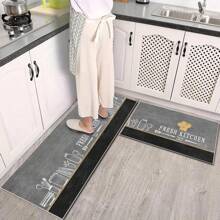 1pc Crystal Velvet Fabric Water Absorbent Non-Slip Washable Carpet With Tableware Print And Simple Grey Color Scheme. Various Styles And Sizes Available For Kitchen And Dining Areas. - Grey - View 5