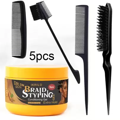 4pcs Black Hair Styling Comb Set Teasing Hair Brush Rat Tail Comb Double Sided Edge Brush And 1PC(113.5g/4OZ&227g/8OZ)Extra Hold Conditioning Braiding Gel -Natural Gloss Styling Wax For Hair Styling And Conditioning,For Locs, Twists, And Edges - Tames Frizz And Keeps Hair In Place