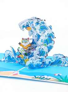 1pc Surfing Raccoon 3D Pop-Up Card, Raccoon Pattern Greeting Card, Handmade Pop Up Cards, Birthday Greeting Card, Birthday Gift, Funny Raccoon Pattern - Blue - View 6