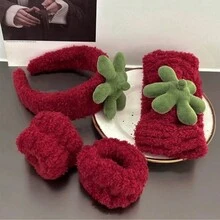 4pcs Cute Plush Hair Accessories Set Including Headband, Hair Clips, Waterproof Wristband - Hot Pink - View 1