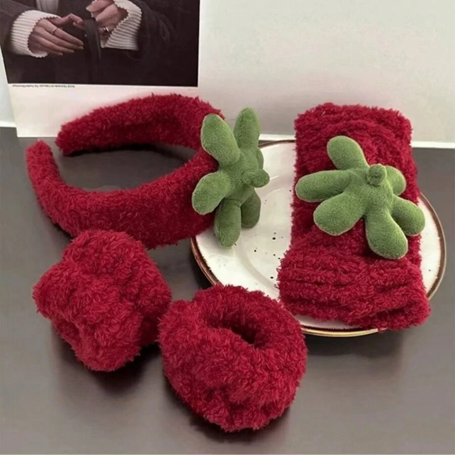 4pcs Cute Plush Hair Accessories Set Including Headband, Hair Clips, Waterproof Wristband - Hot Pink - View 1