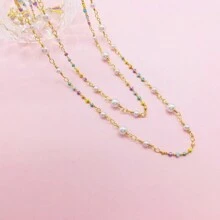 1pc Women's Gift Golden Faux Pearl & Oil Drip Pendant Multi-Layered Long Necklace - Multicolor - View 3