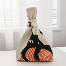 Casual Cat Pattern Jacquard Satchel Bag, Lightweight Shopping Handbag, Versatile Small Handbag - Khaki - View 3