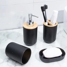4件黑色大理石圖案浴室套裝,包括漱口杯、牙刷架、乳液瓶、肥皂盒 - 黑與白 - 查看 1