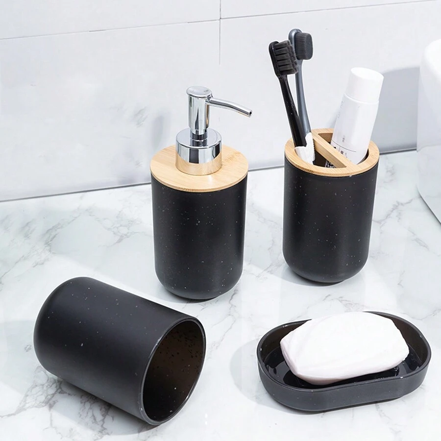 4件黑色大理石圖案浴室套裝,包括漱口杯、牙刷架、乳液瓶、肥皂盒 - 黑與白 - 查看 1