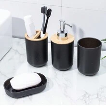 4件黑色大理石圖案浴室套裝,包括漱口杯、牙刷架、乳液瓶、肥皂盒 - 黑與白 - 查看 3