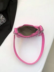 1pc Girl's Solid Color Chain Decoration Pu Zip Closure Fashionable Versatile Shoulder Bag Crossbody Bag For Daily Use - Hot Pink - View 6