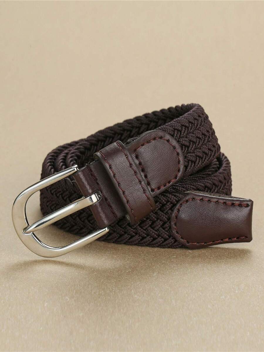 1pc Boys' Black Braided Elastic Belt, Suitable For Daily Use - Coffee Brown - View 1