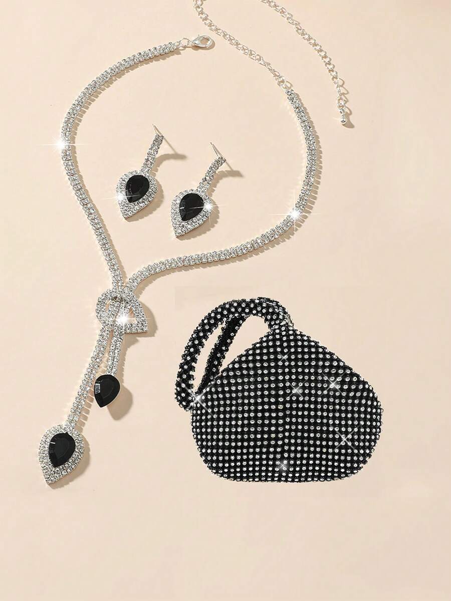 女款閃亮水鑽裝飾晚宴包手拿包帶全鑽石手拿包鍊、流蘇手鍊、耳環、項鍊 4 件/套適合派對 - 黑色 - 查看 1