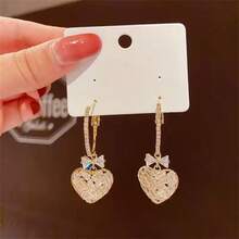 2pcs Gorgeous Cubic Zirconia Heart Shaped Pendant & Butterfly Design Earrings, Perfect For Daily Wear - Yellow Gold - View 6
