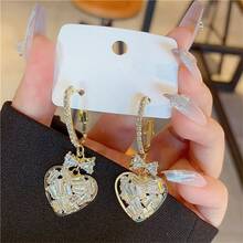 2pcs Gorgeous Cubic Zirconia Heart Shaped Pendant & Butterfly Design Earrings, Perfect For Daily Wear - Yellow Gold - View 4