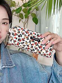 1入組攜帶式鮮花印花女士化妝包,拉鍊唇膏刷子化妝包袋,學生銥細絨復古文藝鉛筆盒,用於學生用品 - 1 - 查看 5