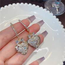 2pcs Gorgeous Cubic Zirconia Heart Shaped Pendant & Butterfly Design Earrings, Perfect For Daily Wear - Yellow Gold - View 7