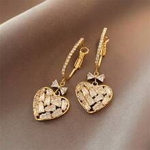 2pcs Gorgeous Cubic Zirconia Heart Shaped Pendant & Butterfly Design Earrings, Perfect For Daily Wear - Yellow Gold - View 1