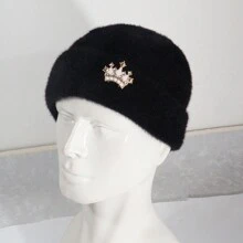 1pc Ladies' Crown Rhinestone Solid Color Faux Mink Fur Knit Hat Fashionable Elegant Unisex Couple Versatile Casual Outdoor Warm Ear Protection Beanie - Black - View 3