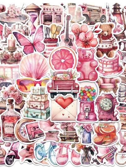 50pcs Retro Pink Holiday Girl Cartoon Doodle Stickers Back To School