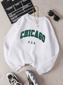 Chicago USA Letter Print Thermal Lined Sweatshirt