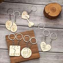 2pcs/Set Couples Matching Keychain Creative Wooden Key Chain Ring Birthday Valentine'S Day Gift For Him Her Girlfriend Boyfriend - Khaki - View 10