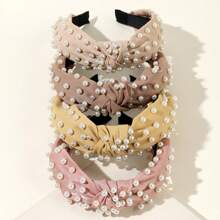 3pcs/4pcs Fabric Pearl Detail Wide Edge Headband, Suitable For Daily Hair Accessory Decoration - Multicolor - View 2
