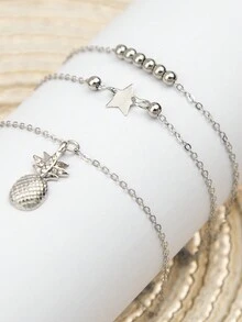 Fashionable Simple Pineapple & Star Shaped Anklet Set, Metallic Chain Foot Jewelry For Women's Daily Wear - Pineapple Pendant Anklet - View 3