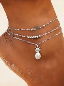 Fashionable Simple Pineapple & Star Shaped Anklet Set, Metallic Chain Foot Jewelry For Women's Daily Wear - Pineapple Pendant Anklet - View 2