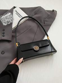 Winter Solid Colors Pu Leather Shoulder Bag/Underarm Bag For Women, Retro Baguette Shaped Shoulder Bag, Practical Gift Option For Ladies - Black - View 3