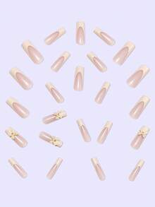 24入組長款假指甲,法式風格3d蝴蝶&冰粉色設計,附果凍膠&指甲檔,適用於派對,舞蹈和日常佩戴,讓您升級造型 - 彩色 - 查看 3