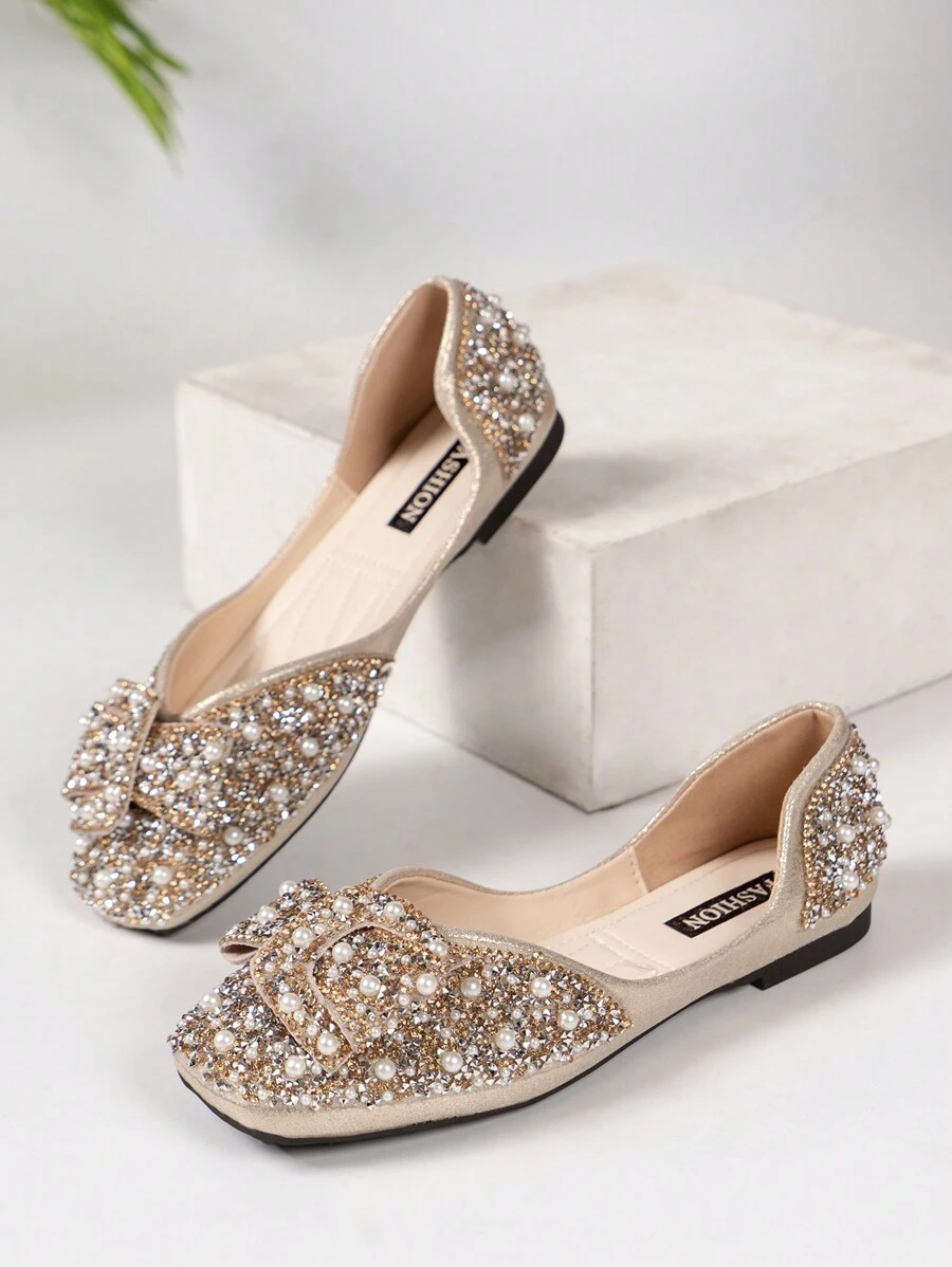 Women's Simple Pearl Rhinestone Bow Decor Casual Flat Slip-On Loafer Shoes, Spring/Summer - Gold - View 1