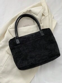女士貝雷帽斜紋肩托特包,帶可調節肩帶的斜紋手提包,復古款全搭配女性手提包,經典日常包 - 黑色 - 查看 6