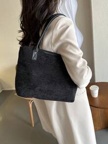 女士貝雷帽斜紋肩托特包,帶可調節肩帶的斜紋手提包,復古款全搭配女性手提包,經典日常包 - 黑色 - 查看 4