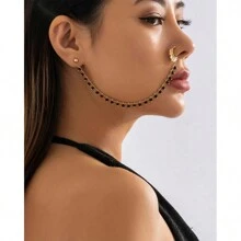 Bead Nose Rings Hoop Chain Fake Septum Ring Non Piercing Nose Rings With Chain Nose To Ear Chain Nose Ring Body Jewelry For Women And Girls - Black - View 4