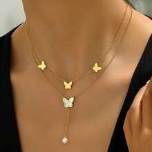 1入組不鏽鋼鍍金雙層珍珠蝴蝶設計時尚項鍊套裝,附贈禮盒,適用於節日、紀念日、聖誕節、新年和其他特殊場合作為送給重要人物的禮物 - 金黃色 - 查看 5