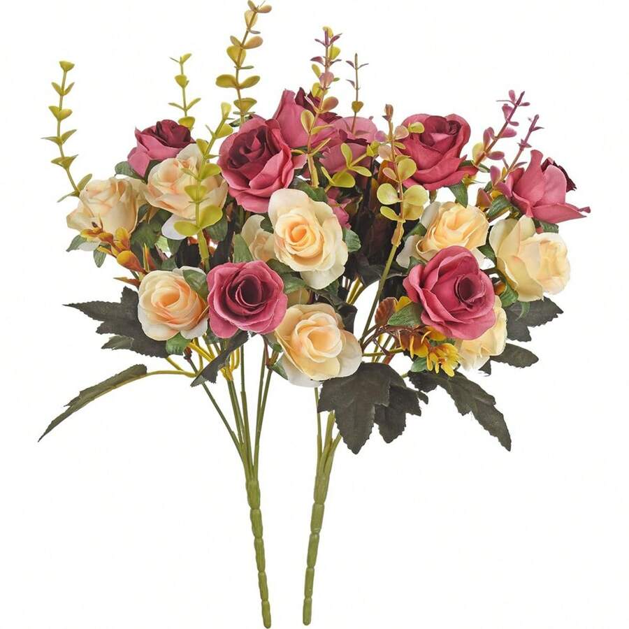 1/3PCS 人造玫瑰花丝桉树花束情人节礼物婚礼装饰 DIY 花环材料，新娘手捧花装饰配件，婚车装饰，门楣拱门装饰，家居，餐厅，卧室，花瓶装饰，生日派对装饰材料新年礼物，情人节，礼物 - 中紫紅色 - 查看 1