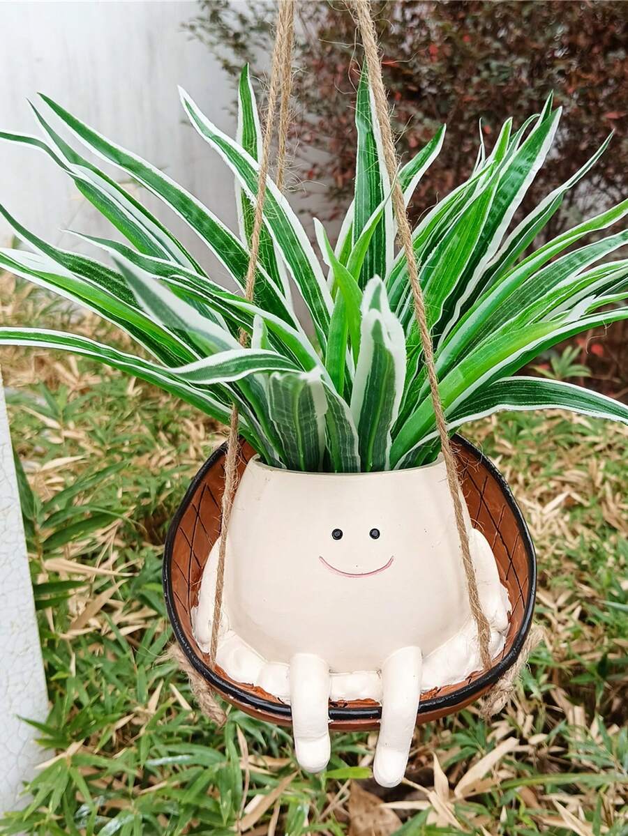 新創意且可愛的擺動花盆籃,帶微笑設計,適用於花園景觀和植物裝飾 - 杏色 - 查看 1