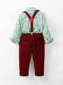 Chàng trai trẻ Sọc Nơ mặt trước Áo sơ mi & Quần Suspender - màu xanh lá - Xem 2