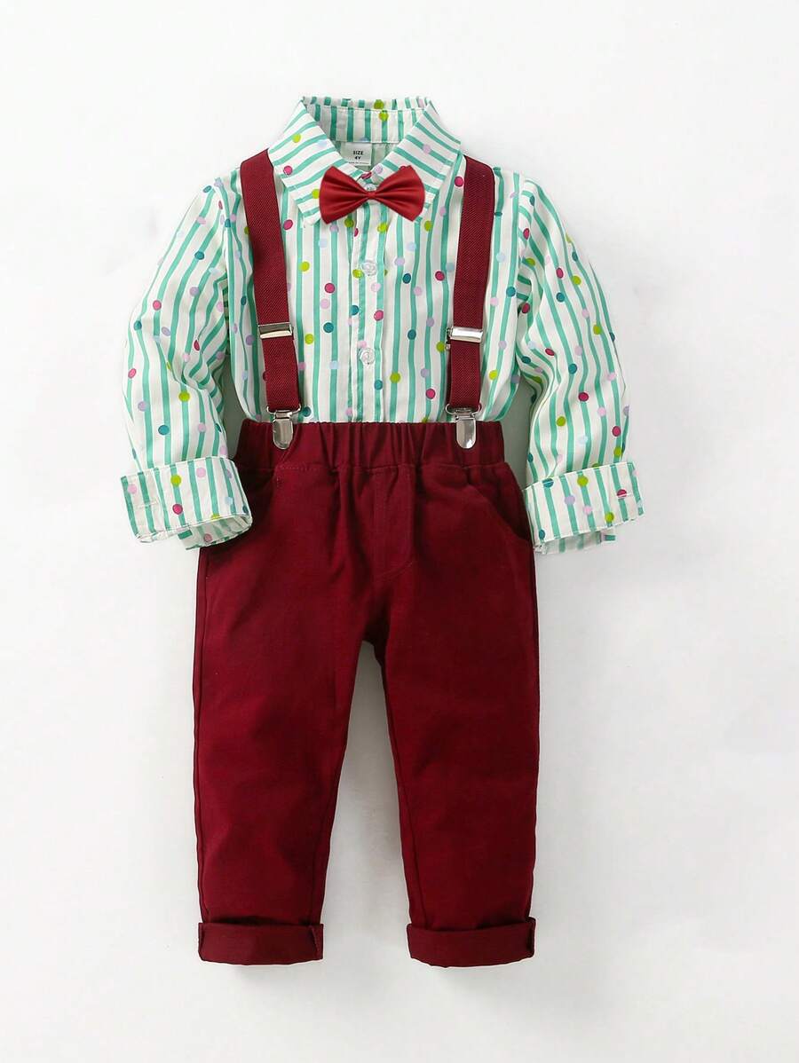 Chàng trai trẻ Sọc Nơ mặt trước Áo sơ mi & Quần Suspender - màu xanh lá - Xem 1