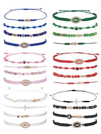 4Pcs/Set Matching Couple Bracelet Red Braided Pink String Evil Eye Heart Charm Lucky Bracelets Mexican Bracelets Green Rope Bracelet Virgin Mary Amulet Valentines Gift For Women Men Boys & Girls,Mom,Mother,Mother's Day,Gift
