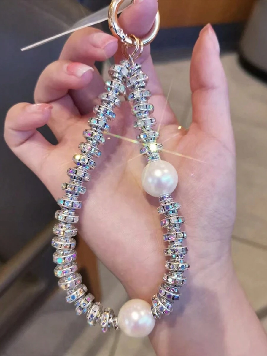 1 件轻奢水钻镶嵌手机链短款仿珍珠水钻装饰手机挂绳钥匙扣 - 彩色 - 查看 1