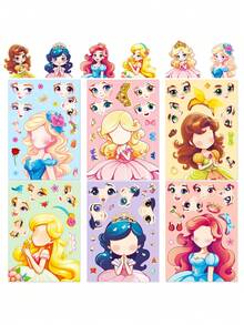 6pcs/Pack Princess Face-Shifting Stickers Diy Puzzle Sticker Toy, For Boys & Girls - Dusty Pink - View 6