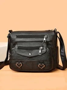 復古pu斜背包,多口袋肩袋,女式休閒手提包 - 黑色 - 查看 2