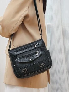 復古pu斜背包,多口袋肩袋,女式休閒手提包 - 黑色 - 查看 4