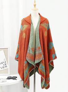 Women'S Round Cape With Beautiful Floral Pattern, Ideal For Travel, Photo Shoots And Fall/Winter Atmosphere - Orange - View 5