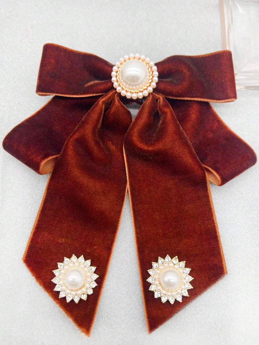 1pc Handmade Brown Velvet Pearl Inlaid Geometric Button Decor Bow Tie Women'S Collar Flower, Casual Style - Brown - View 1